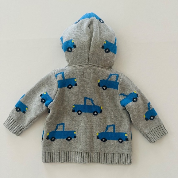 Gap 0-3 Months Baby Boy Hooded Cardigan Car Print Blue Gray - Picture 3 of 3